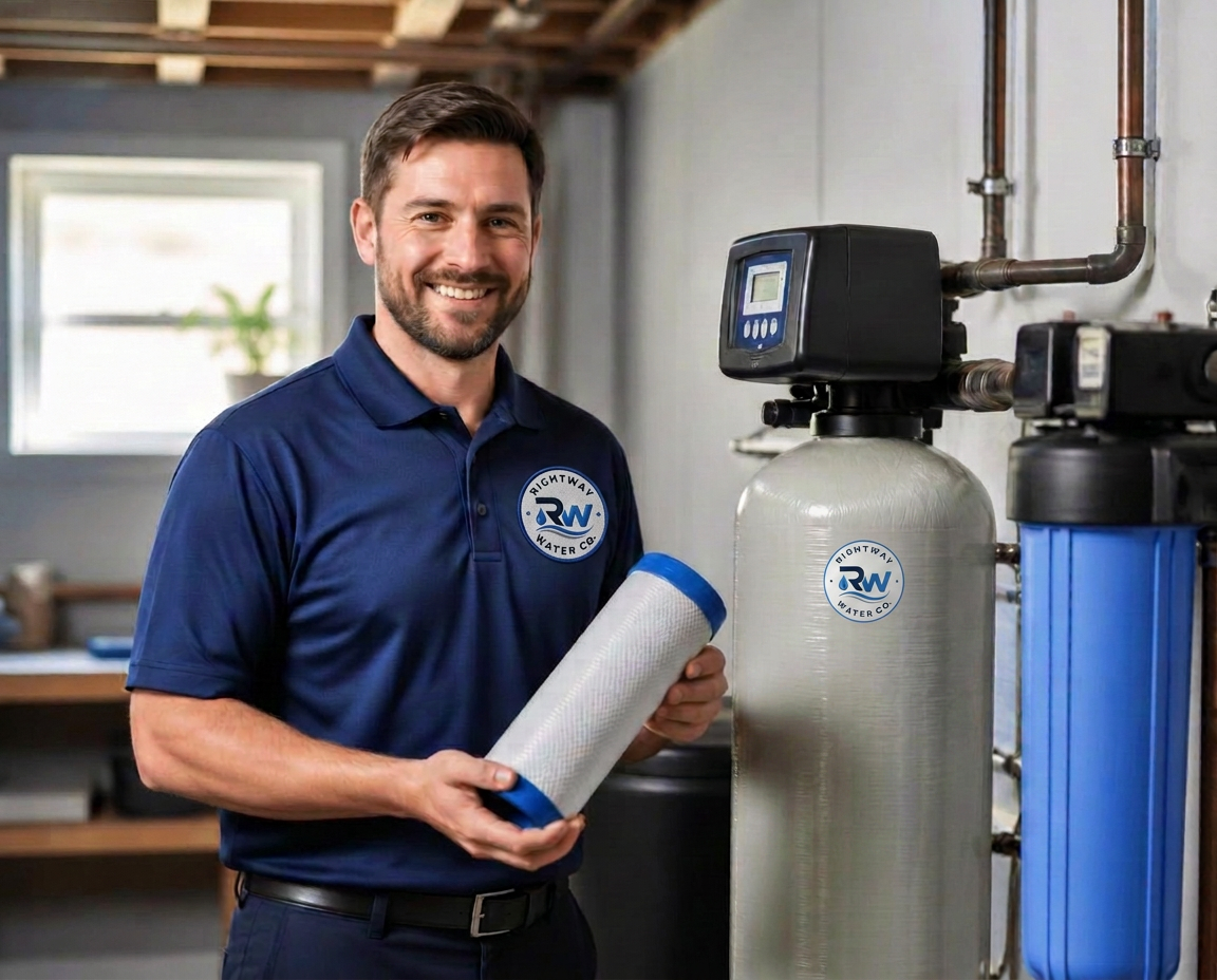 Rightway Water Co technician holding a water filter next to a whole-home treatment system