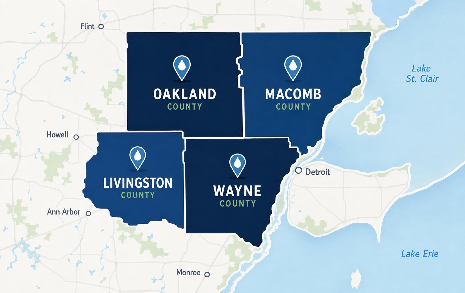 Map of Rightway Water Co service areas: Oakland, Macomb, Livingston and Wayne County, Michigan